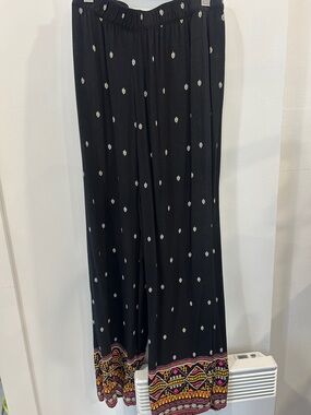 Black Boho Wide Leg Printed Hem Pants